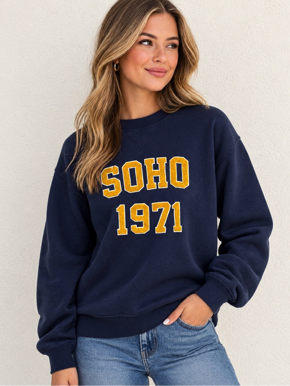 H&M Navy Crewneck Sweatshirt with Gold 'SOHO 1971' Applique